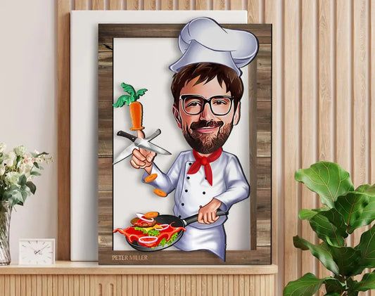 Personalized 3D Wooden Cartooned Chef Wall Art, Custom Cartoon Portrait, Home Decor, Birthday Gift, Christmas Gift, Anniversary Gift