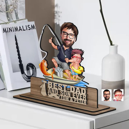 Personalized 3D Wooden Embossed Cartoon Dad and Son Figurine Trinket, Custom Cartoon Portrait,Home Decor