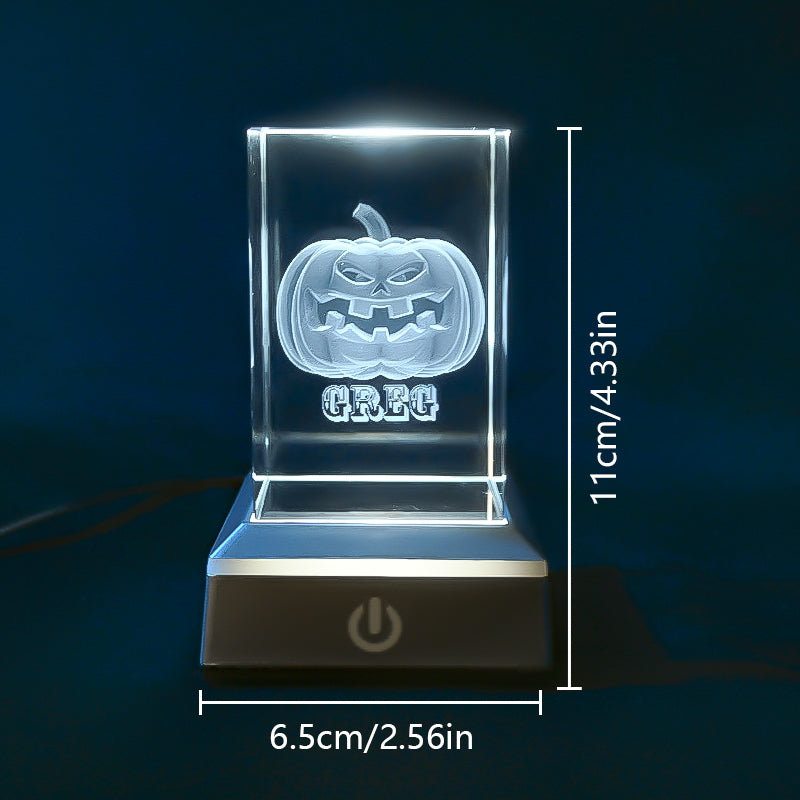 3D Pumpkin Crystal Night Light with Multi Color LED Base Glass Laser Carving Lamp Statue Boy and Girl Couple Birthday Halloween Room Decoration Gift