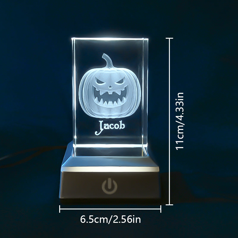 3D Pumpkin Crystal Night Light with Multi Color LED Base Glass Laser Carving Lamp Statue Boy and Girl Couple Birthday Halloween Room Decoration Gift