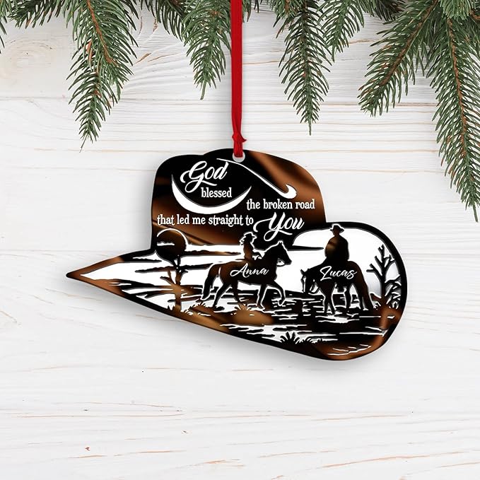 Personalized Cowboy Couple Ornament, Cowboy Couple Scene Godd Blessed Custom Christmas Ornament, Western Horseshoe Couple Ornament, Gift for Couple Cowboy, Horse Lovers Keepsake