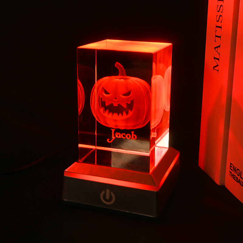 3D Pumpkin Crystal Night Light with Multi Color LED Base Glass Laser Carving Lamp Statue Boy and Girl Couple Birthday Halloween Room Decoration Gift