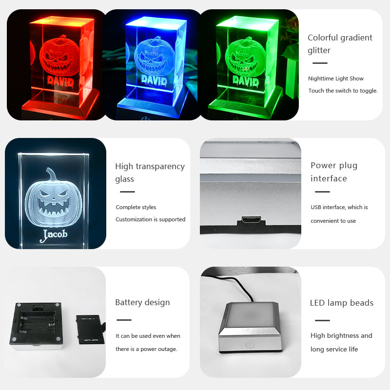 3D Pumpkin Crystal Night Light with Multi Color LED Base Glass Laser Carving Lamp Statue Boy and Girl Couple Birthday Halloween Room Decoration Gift