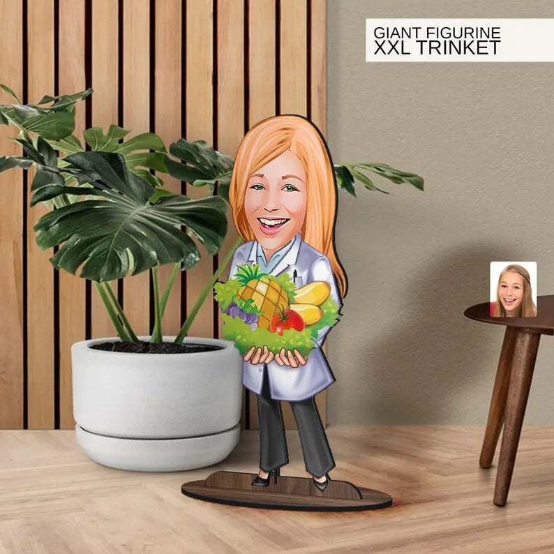 Personalized 3D Wooden Cartoon Nutritionist Oversized Figurine Trinket, Custom Caricature Portrait, Gift for Her, Home Decor, Doctor Gift