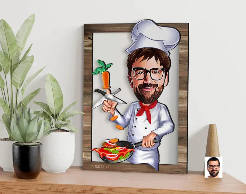 Personalized 3D Wooden Cartooned Chef Wall Art, Custom Cartoon Portrait, Home Decor, Birthday Gift, Christmas Gift, Anniversary Gift