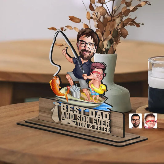 Personalized 3D Wooden Embossed Cartoon Dad and Son Figurine Trinket, Custom Cartoon Portrait,Home Decor