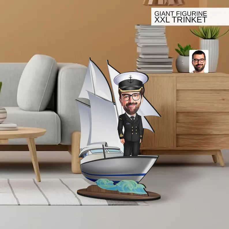Personalized 3D Wooden Cartoon Sailboat Oversized Figurine Trinket, Custom Caricature Portrait, Gift for Him, Home Decor, Birthday Gift