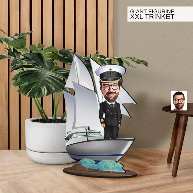 Personalized 3D Wooden Cartoon Sailboat Oversized Figurine Trinket, Custom Caricature Portrait, Gift for Him, Home Decor, Birthday Gift