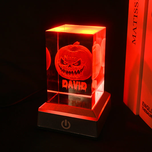 3D Pumpkin Crystal Night Light with Multi Color LED Base Glass Laser Carving Lamp Statue Boy and Girl Couple Birthday Halloween Room Decoration Gift