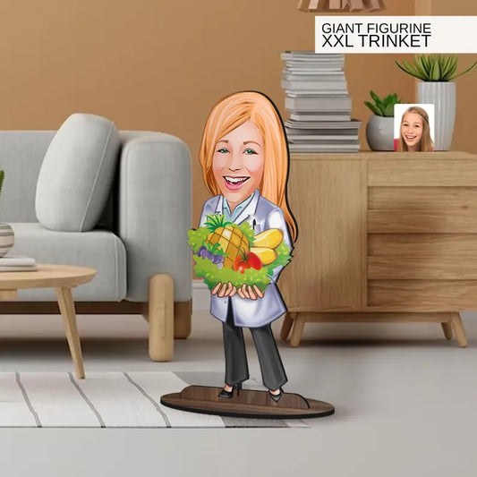 Personalized 3D Wooden Cartoon Nutritionist Oversized Figurine Trinket, Custom Caricature Portrait, Gift for Her, Home Decor, Doctor Gift