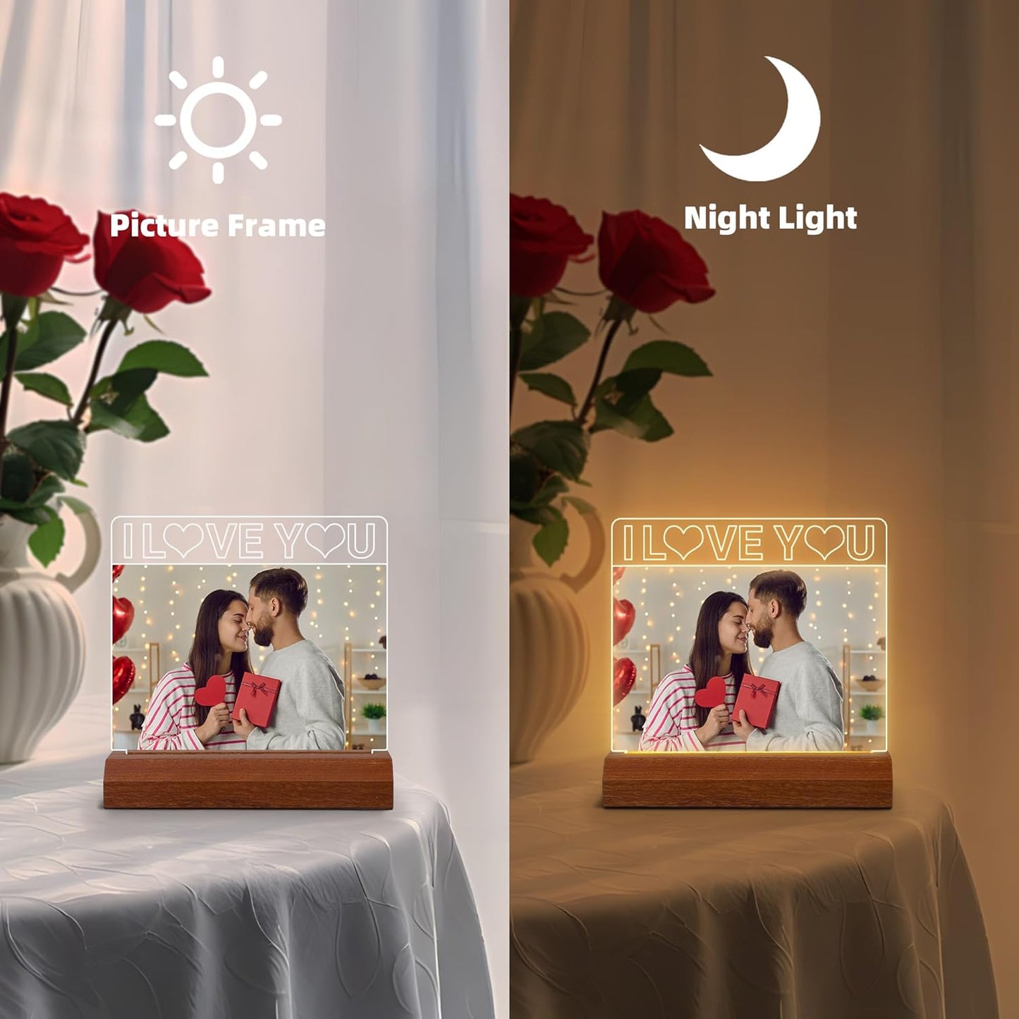 luminous photo frame couple gift for him and her personalized photo LED night light, romantic gift for Valentine's Day ladies, men, girlfriends, boyfriends