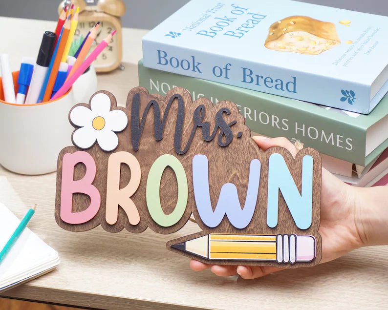 Custom 3D Teacher Door Sign, Personalised Name with Pencil Teacher Sign, Classroom Decor, Teacher Door Hanger, Teacher Back to School Sign