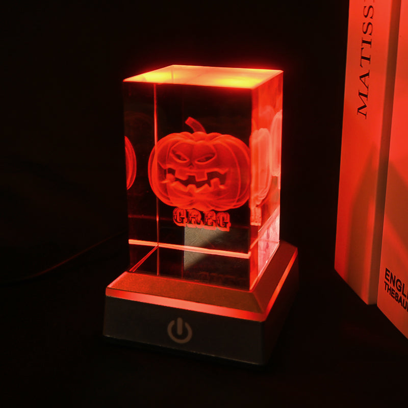 3D Pumpkin Crystal Night Light with Multi Color LED Base Glass Laser Carving Lamp Statue Boy and Girl Couple Birthday Halloween Room Decoration Gift