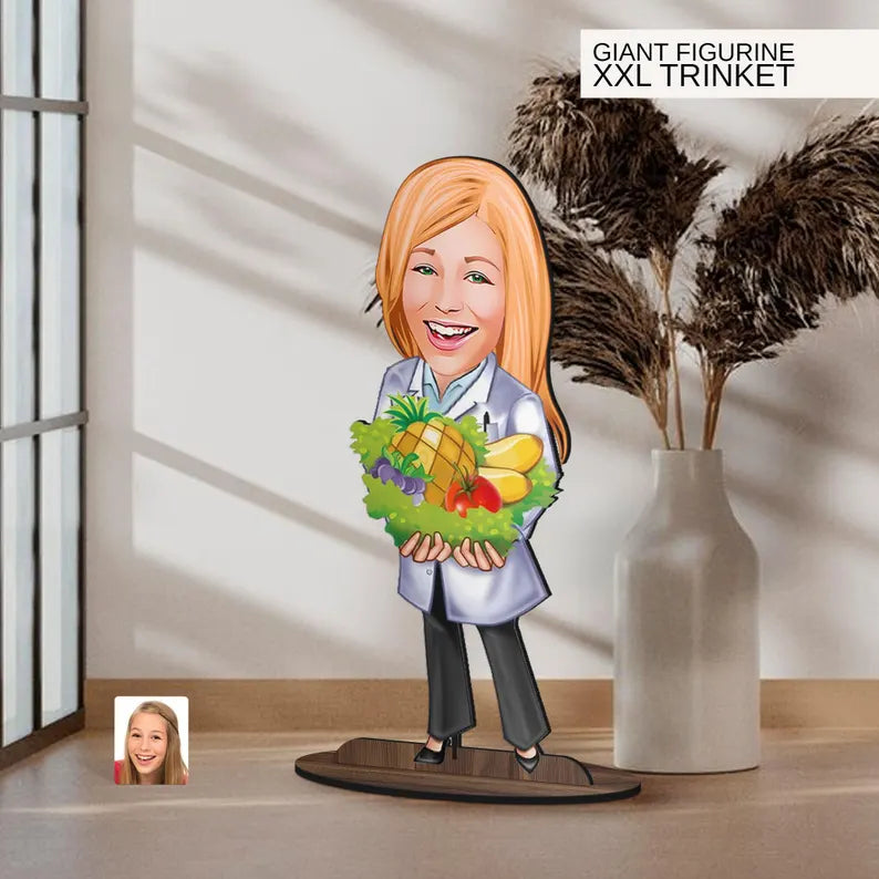 Personalized 3D Wooden Cartoon Nutritionist Oversized Figurine Trinket, Custom Caricature Portrait, Gift for Her, Home Decor, Doctor Gift