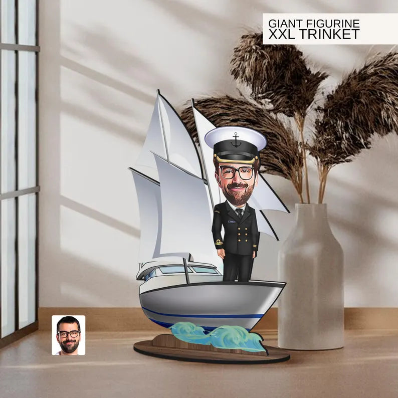 Personalized 3D Wooden Cartoon Sailboat Oversized Figurine Trinket, Custom Caricature Portrait, Gift for Him, Home Decor, Birthday Gift