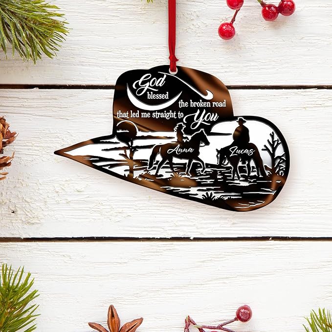 Personalized Cowboy Couple Ornament, Cowboy Couple Scene Godd Blessed Custom Christmas Ornament, Western Horseshoe Couple Ornament, Gift for Couple Cowboy, Horse Lovers Keepsake