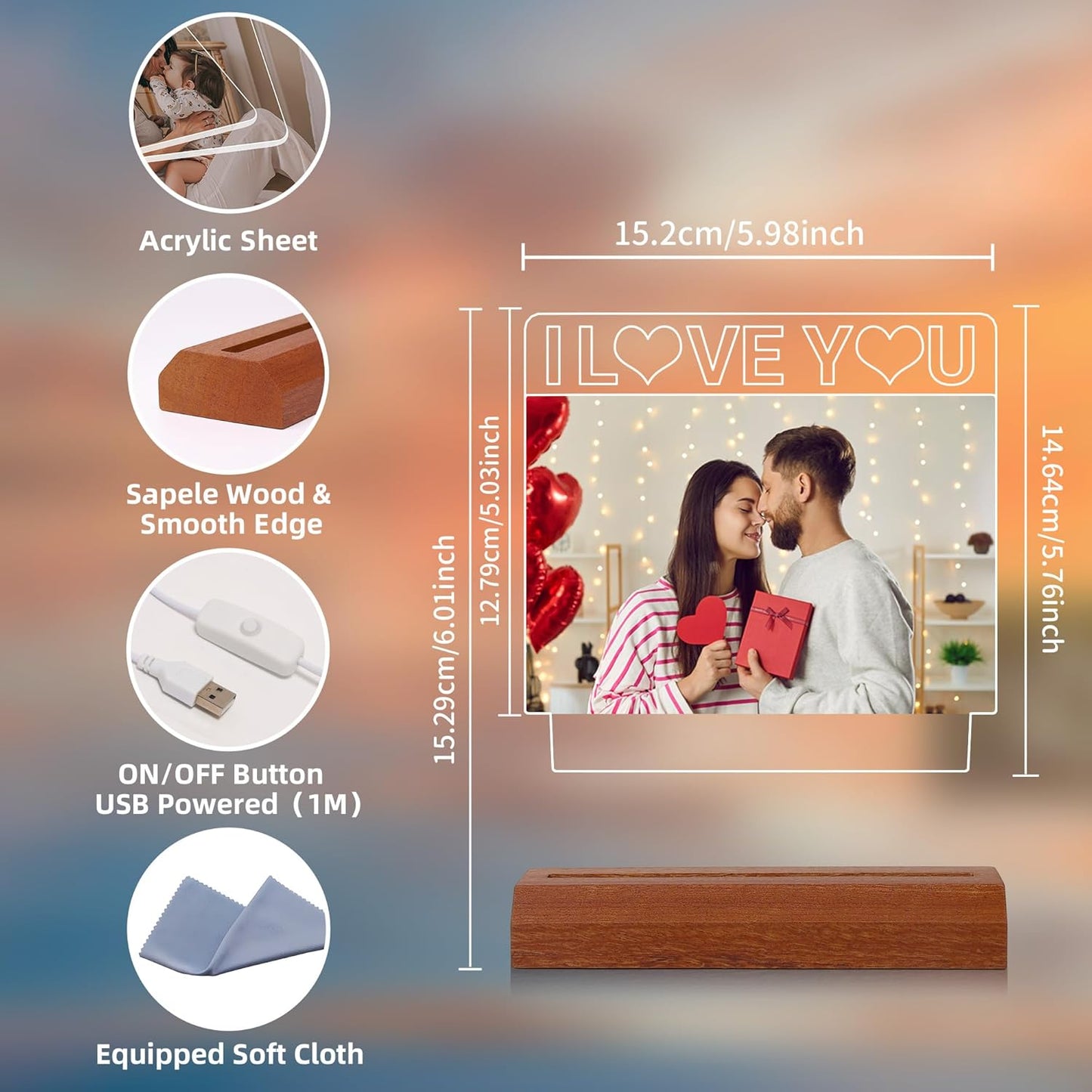 luminous photo frame couple gift for him and her personalized photo LED night light, romantic gift for Valentine's Day ladies, men, girlfriends, boyfriends