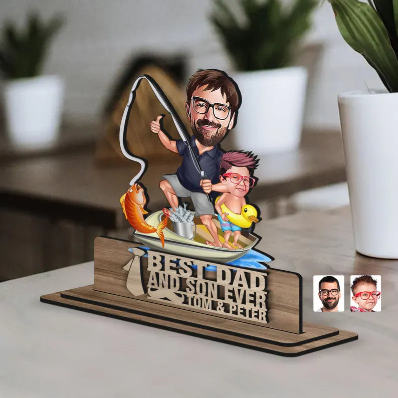 Personalized 3D Wooden Embossed Cartoon Dad and Son Figurine Trinket, Custom Cartoon Portrait,Home Decor