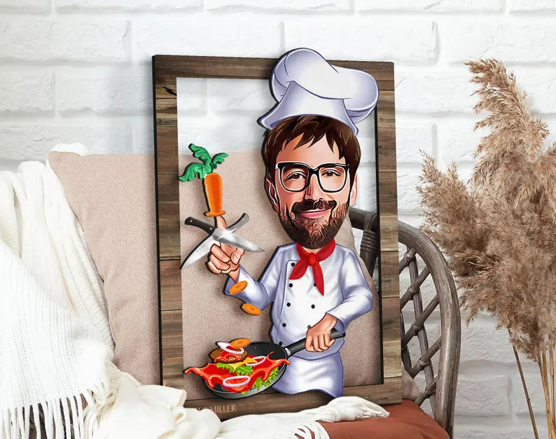 Personalized 3D Wooden Cartooned Chef Wall Art, Custom Cartoon Portrait, Home Decor, Birthday Gift, Christmas Gift, Anniversary Gift