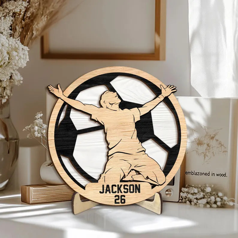 Personalized Soccer Wooden Plaque, Custom Name Number Wooden Sign, Soccer Wood Sign, Sports Gift for Son, Boy, Husband, Dad, Team