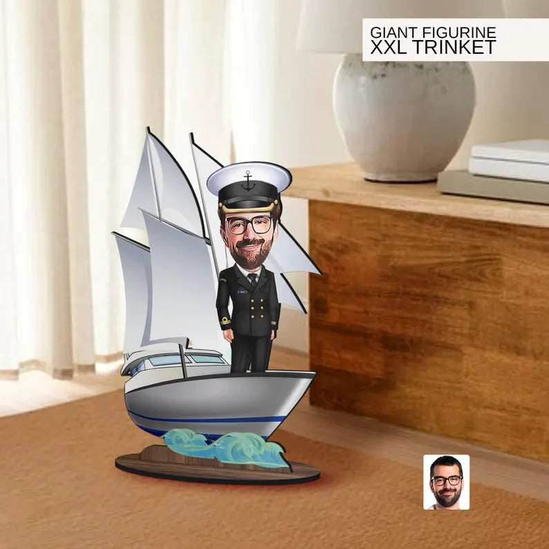 Personalized 3D Wooden Cartoon Sailboat Oversized Figurine Trinket, Custom Caricature Portrait, Gift for Him, Home Decor, Birthday Gift