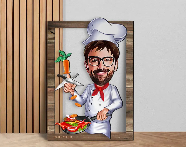 Personalized 3D Wooden Cartooned Chef Wall Art, Custom Cartoon Portrait, Home Decor, Birthday Gift, Christmas Gift, Anniversary Gift