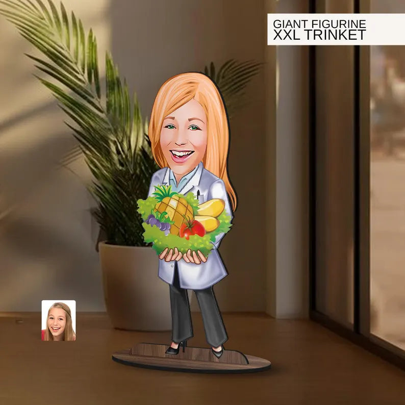 Personalized 3D Wooden Cartoon Nutritionist Oversized Figurine Trinket, Custom Caricature Portrait, Gift for Her, Home Decor, Doctor Gift