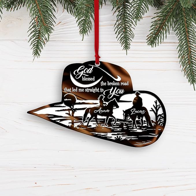 Personalized Cowboy Couple Ornament, Cowboy Couple Scene Godd Blessed Custom Christmas Ornament, Western Horseshoe Couple Ornament, Gift for Couple Cowboy, Horse Lovers Keepsake