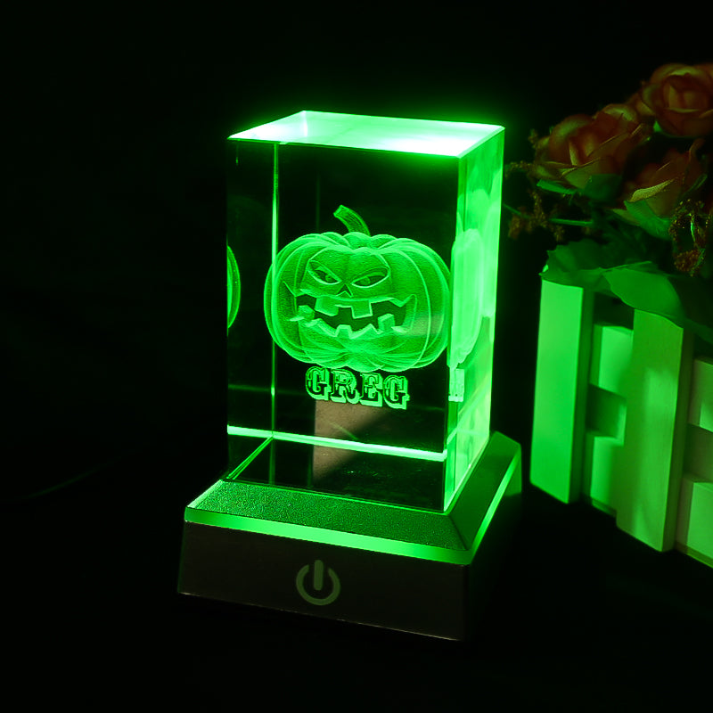 3D Pumpkin Crystal Night Light with Multi Color LED Base Glass Laser Carving Lamp Statue Boy and Girl Couple Birthday Halloween Room Decoration Gift
