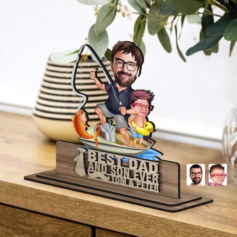 Personalized 3D Wooden Embossed Cartoon Dad and Son Figurine Trinket, Custom Cartoon Portrait,Home Decor