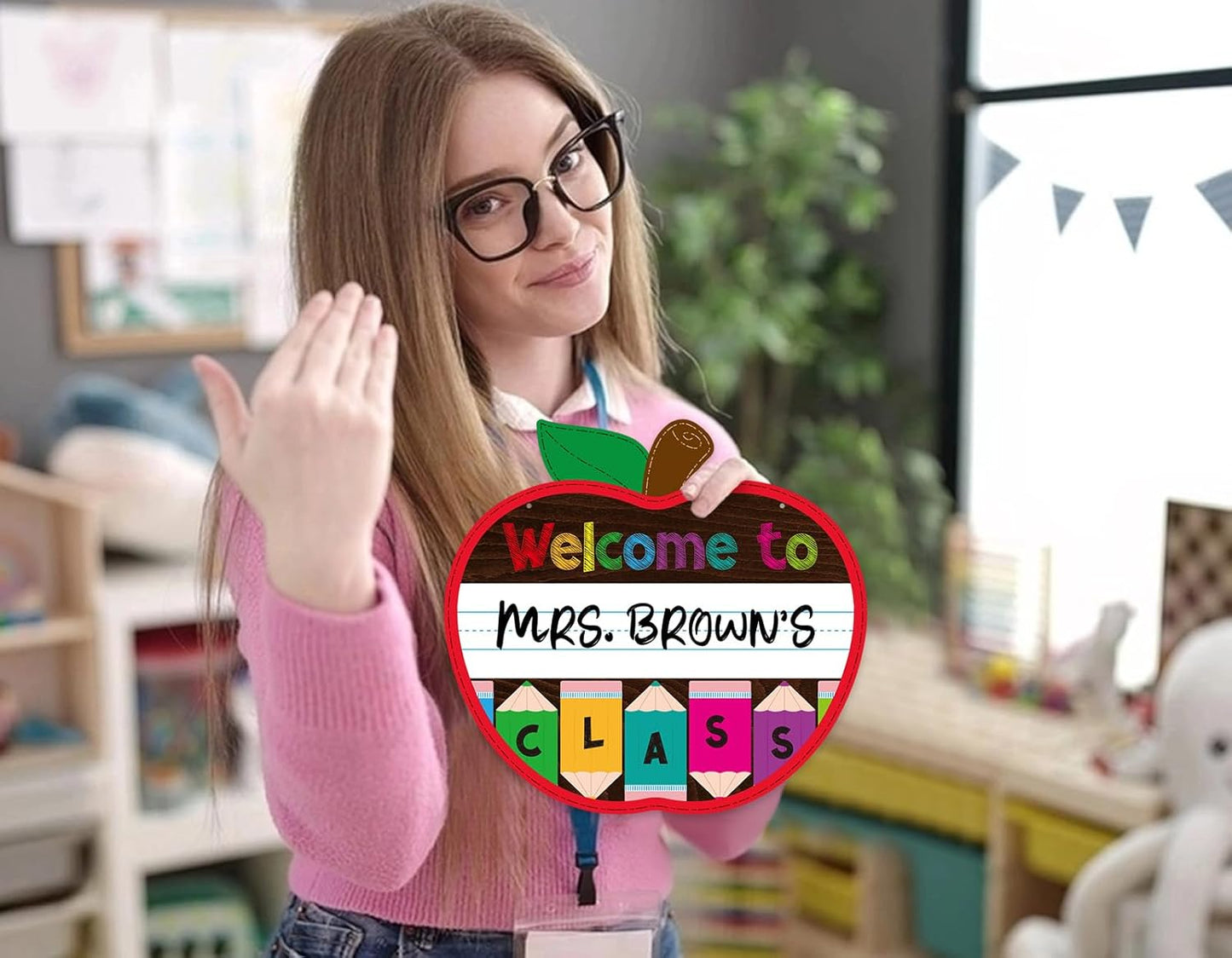 Welcome Sign for Classroom Door Decorations 11.3"x12" Personalized Apple-shape Teacher Door Sign Back to School Welcome to Our Classroom Sign Teacher Name Sign for Classroom Door Teacher Supplies