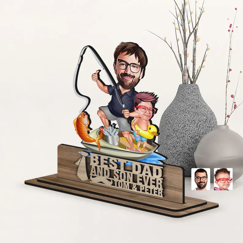 Personalized 3D Wooden Embossed Cartoon Dad and Son Figurine Trinket, Custom Cartoon Portrait,Home Decor