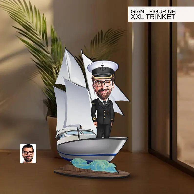 Personalized 3D Wooden Cartoon Sailboat Oversized Figurine Trinket, Custom Caricature Portrait, Gift for Him, Home Decor, Birthday Gift
