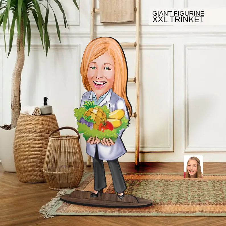 Personalized 3D Wooden Cartoon Nutritionist Oversized Figurine Trinket, Custom Caricature Portrait, Gift for Her, Home Decor, Doctor Gift