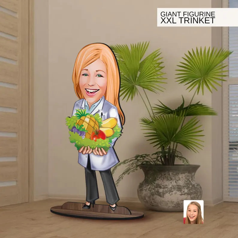 Personalized 3D Wooden Cartoon Nutritionist Oversized Figurine Trinket, Custom Caricature Portrait, Gift for Her, Home Decor, Doctor Gift