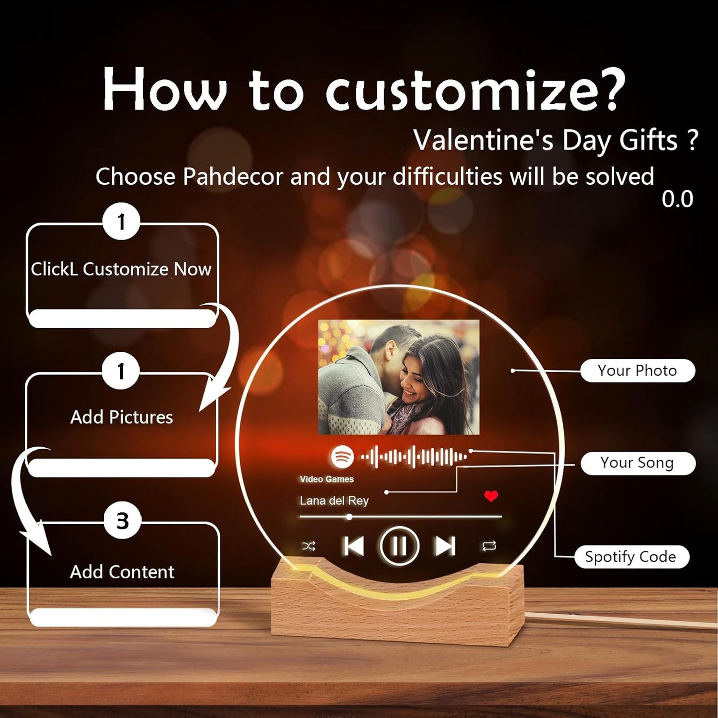 Personalized Song Plaque with Picture, Custom Spotify Plaque with Night Light, Customized Photo Valentines Gifts for Women Acrylic Music Plaque Frame for Couples Her Him