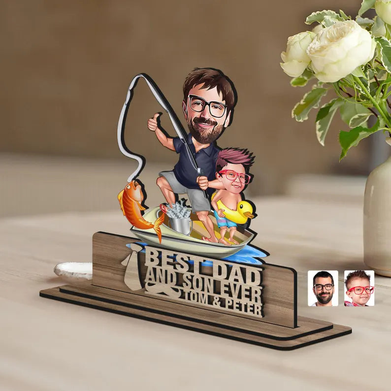 Personalized 3D Wooden Embossed Cartoon Dad and Son Figurine Trinket, Custom Cartoon Portrait,Home Decor