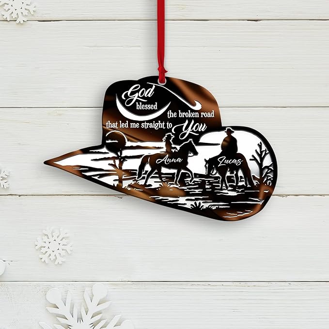 Personalized Cowboy Couple Ornament, Cowboy Couple Scene Godd Blessed Custom Christmas Ornament, Western Horseshoe Couple Ornament, Gift for Couple Cowboy, Horse Lovers Keepsake