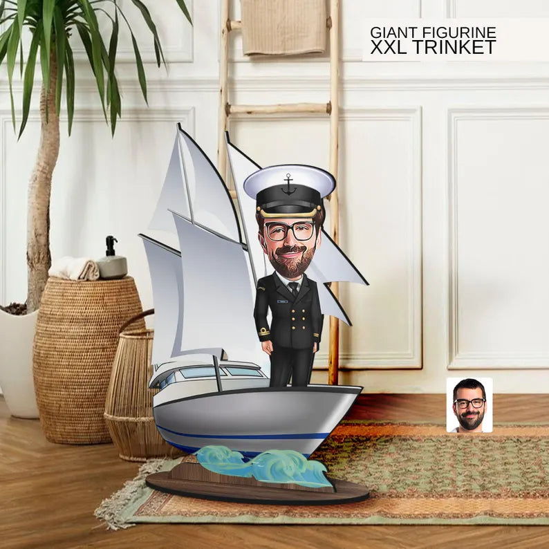 Personalized 3D Wooden Cartoon Sailboat Oversized Figurine Trinket, Custom Caricature Portrait, Gift for Him, Home Decor, Birthday Gift