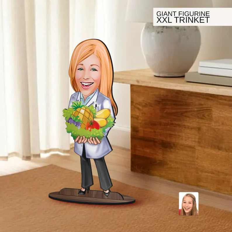 Personalized 3D Wooden Cartoon Nutritionist Oversized Figurine Trinket, Custom Caricature Portrait, Gift for Her, Home Decor, Doctor Gift