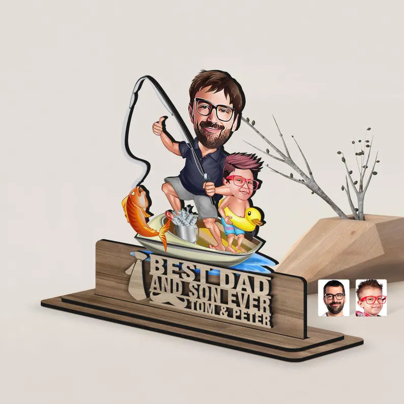 Personalized 3D Wooden Embossed Cartoon Dad and Son Figurine Trinket, Custom Cartoon Portrait,Home Decor