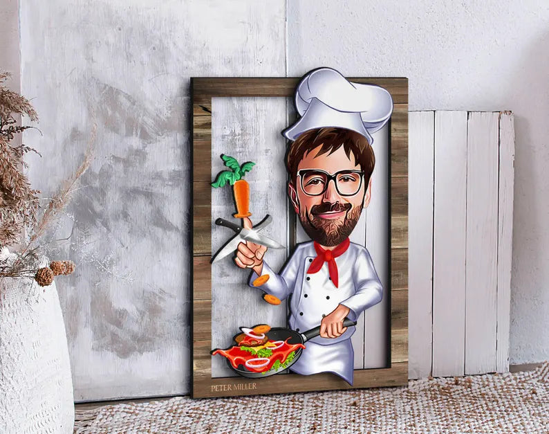 Personalized 3D Wooden Cartooned Chef Wall Art, Custom Cartoon Portrait, Home Decor, Birthday Gift, Christmas Gift, Anniversary Gift