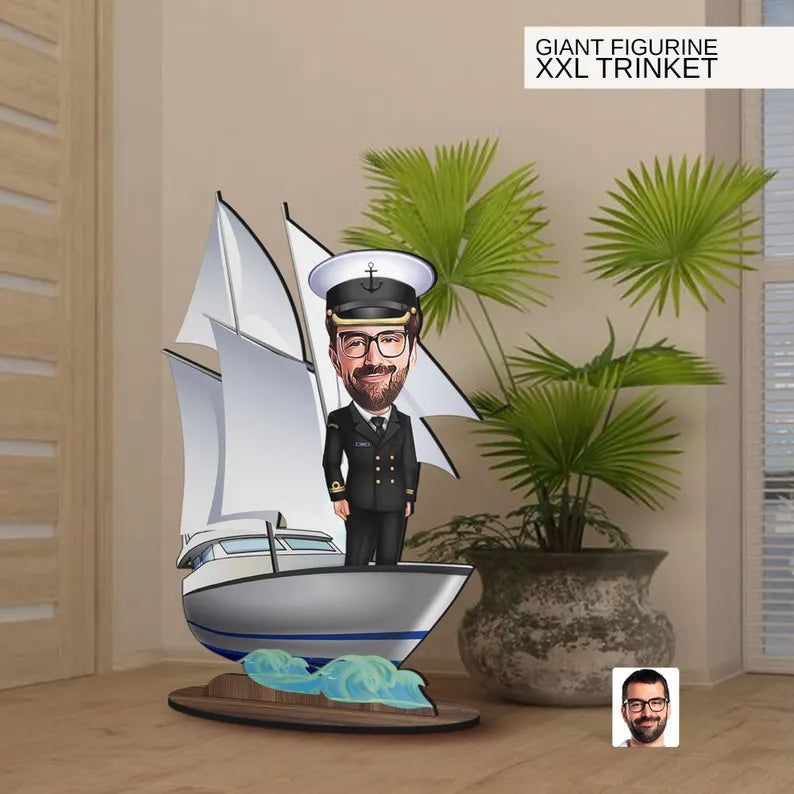 Personalized 3D Wooden Cartoon Sailboat Oversized Figurine Trinket, Custom Caricature Portrait, Gift for Him, Home Decor, Birthday Gift