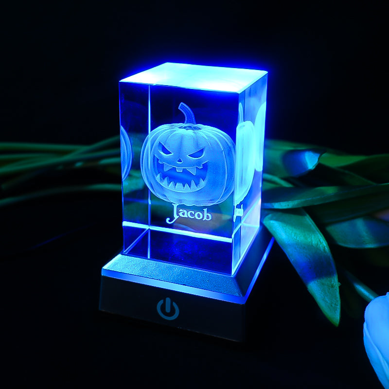 3D Pumpkin Crystal Night Light with Multi Color LED Base Glass Laser Carving Lamp Statue Boy and Girl Couple Birthday Halloween Room Decoration Gift