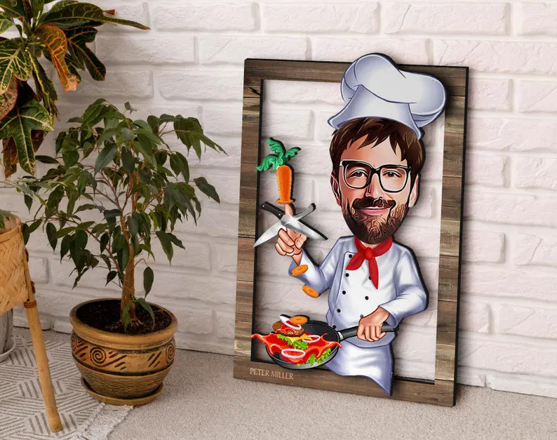 Personalized 3D Wooden Cartooned Chef Wall Art, Custom Cartoon Portrait, Home Decor, Birthday Gift, Christmas Gift, Anniversary Gift
