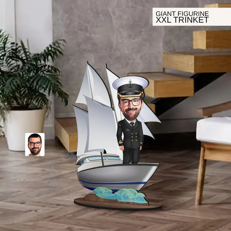 Personalized 3D Wooden Cartoon Sailboat Oversized Figurine Trinket, Custom Caricature Portrait, Gift for Him, Home Decor, Birthday Gift