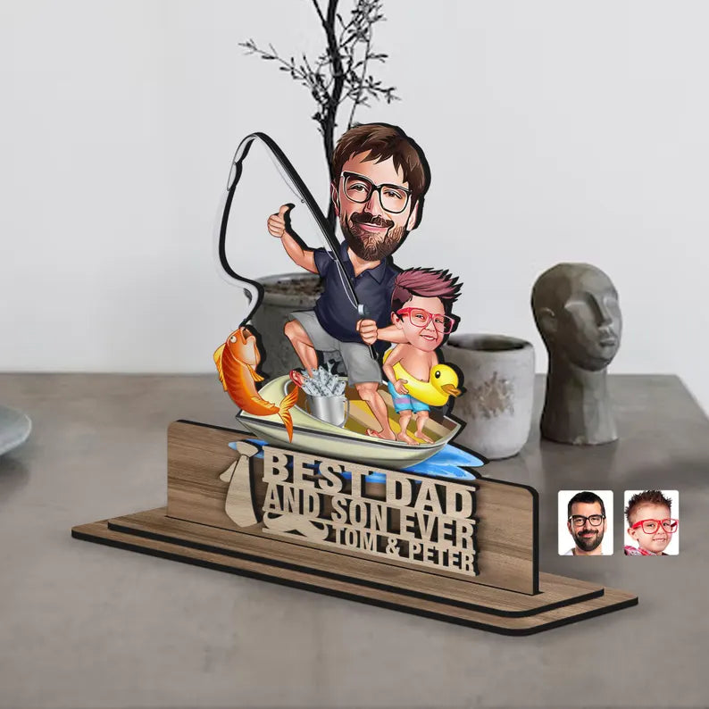Personalized 3D Wooden Embossed Cartoon Dad and Son Figurine Trinket, Custom Cartoon Portrait,Home Decor
