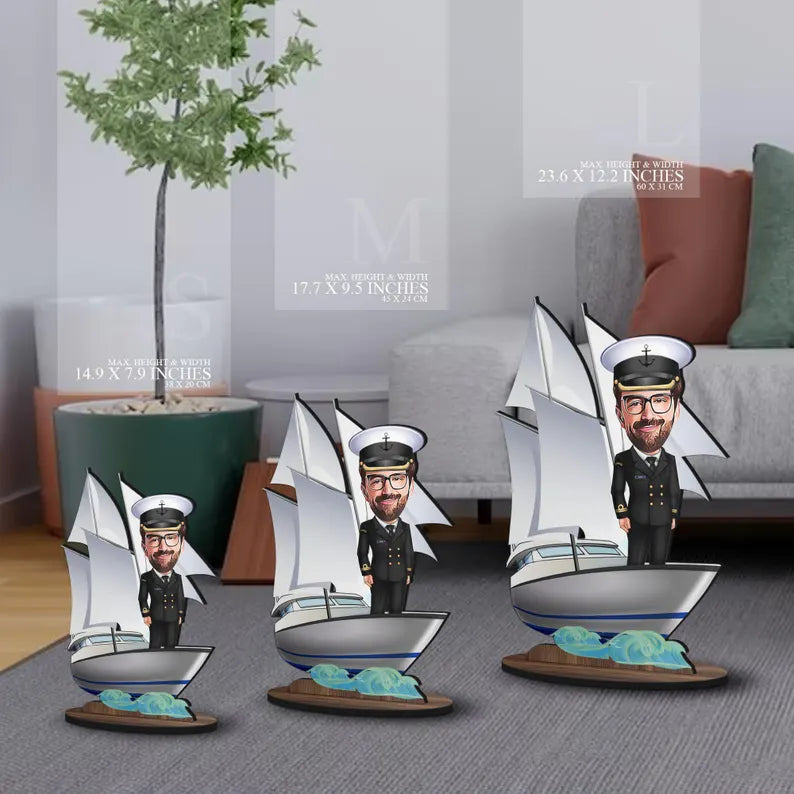 Personalized 3D Wooden Cartoon Sailboat Oversized Figurine Trinket, Custom Caricature Portrait, Gift for Him, Home Decor, Birthday Gift