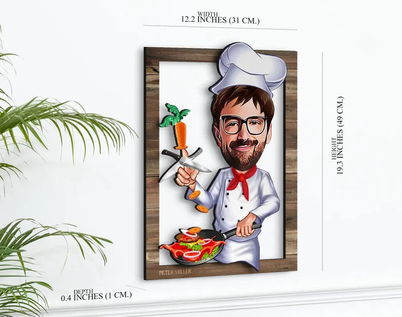 Personalized 3D Wooden Cartooned Chef Wall Art, Custom Cartoon Portrait, Home Decor, Birthday Gift, Christmas Gift, Anniversary Gift