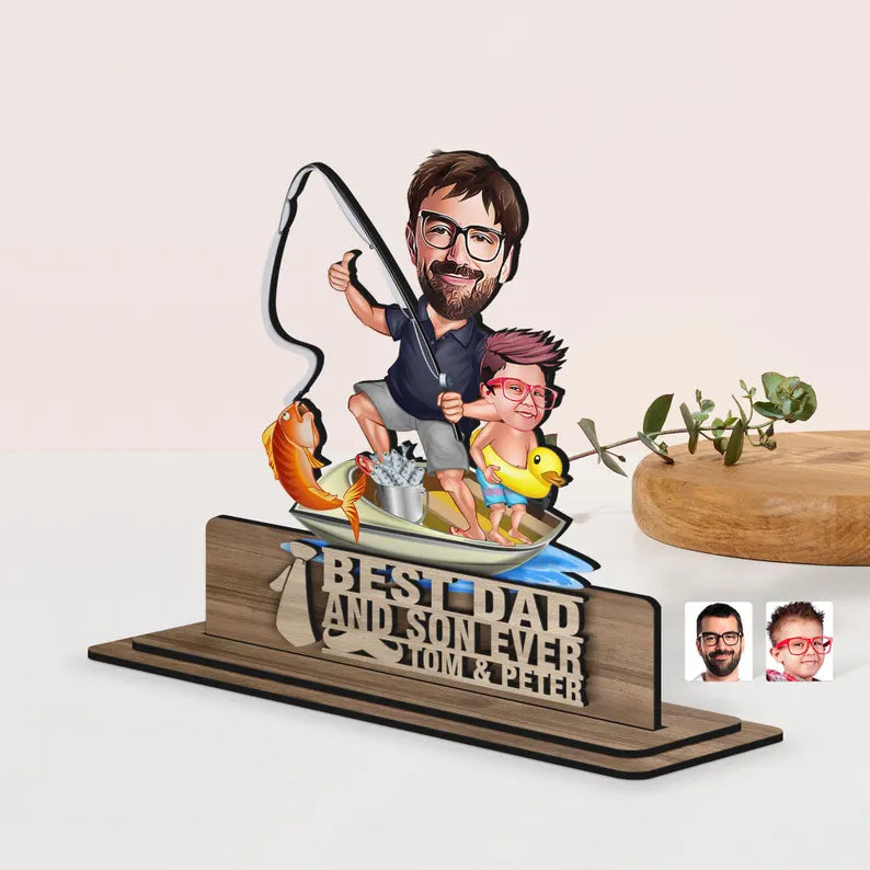 Personalized 3D Wooden Embossed Cartoon Dad and Son Figurine Trinket, Custom Cartoon Portrait,Home Decor